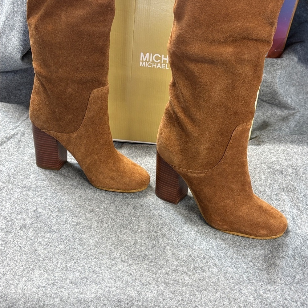 Michael Kors Leigh suede luggage colored Knee-High  heel Boots 5.5 - Picture 3 of 12